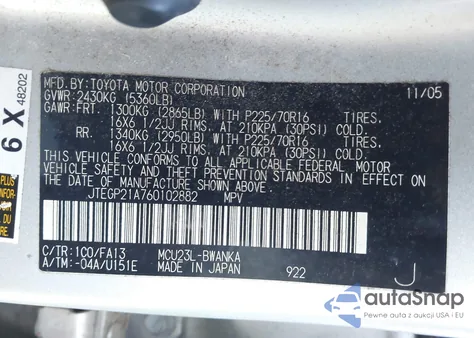 2006 Toyota Highlander V6 z USA, uszkodzony, nr VIN JTEGP21A760102882